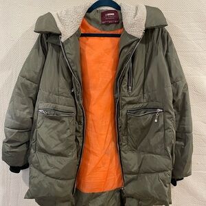 Olive Puffer Jacket with Orange Lining